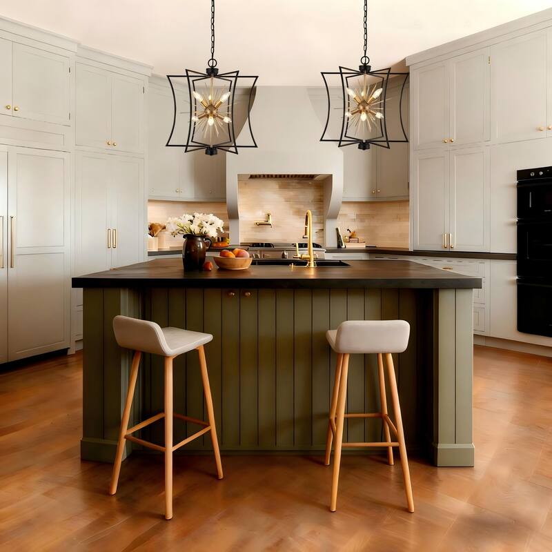 Modern Farmhouse 6-Light Black Gold Sputnik Chandelier Metal Cage Pendant Lighting for Dining Room - 20.5" D x 21.5'' H