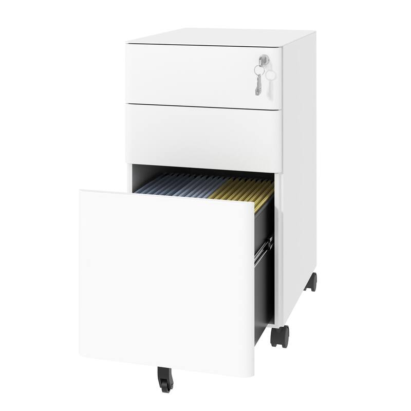 Modern 3-Drawer Mobile Filing Cabinet with 2 Locking Wheels and Anti-Tipping Device, for Office and Home Use, White