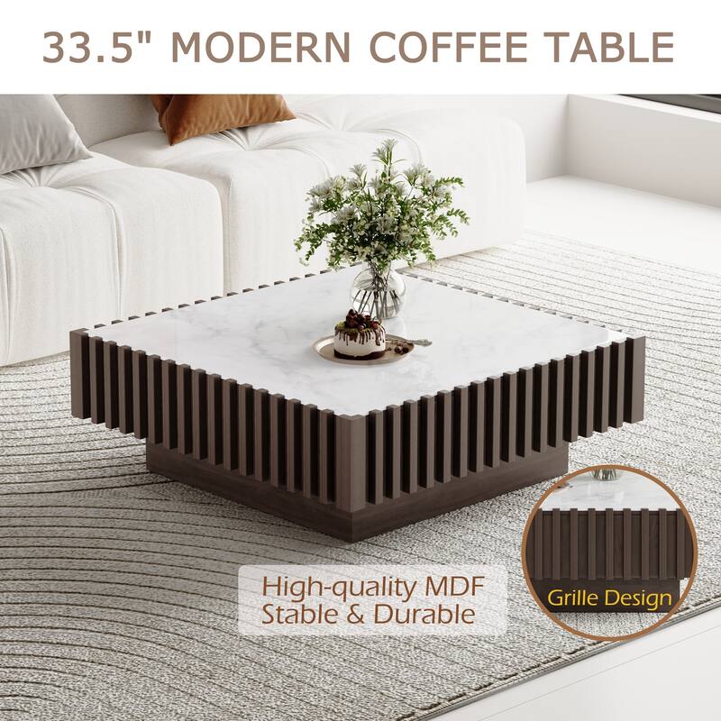 33.46" Modern Square Coffee Table,White Fuax Marble Table top, Solid Wood with 1 Drawer