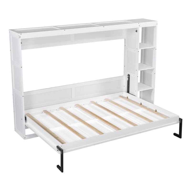 Full Size Murphy Bed with Bookshelf, Foldable Bed Frame with Storage Shelves, Wooden Cabinet Bed with Handle