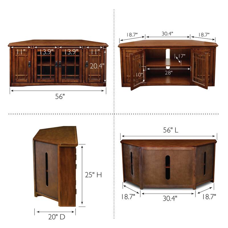 Leick Home Solid Wood Mission Oak 4-Door Corner TV Stand - 56 inches x 20 inches x 25 inches