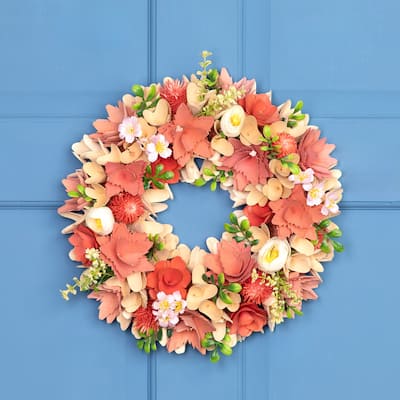 Artificial Mini Thistle Flowers Wooden Spring Wreath - 14"