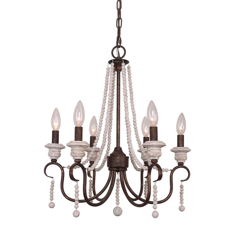 Oaks Aura Modern Farmhouse 6-Light Wood Lighting Bohemia Wood Beaded Chandelier