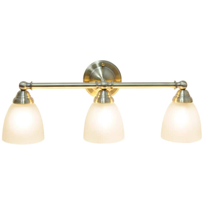 Wall Mounted Three Light Vanity Fixture with Translucent Glass Shade - 25" - Antique Brass and White