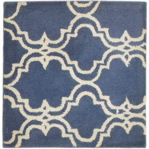 One of a Kind Hand-Tufted Modern & Contemporary 2' x 3' Trellis Wool Blue Rug - 2'2"x2'2"