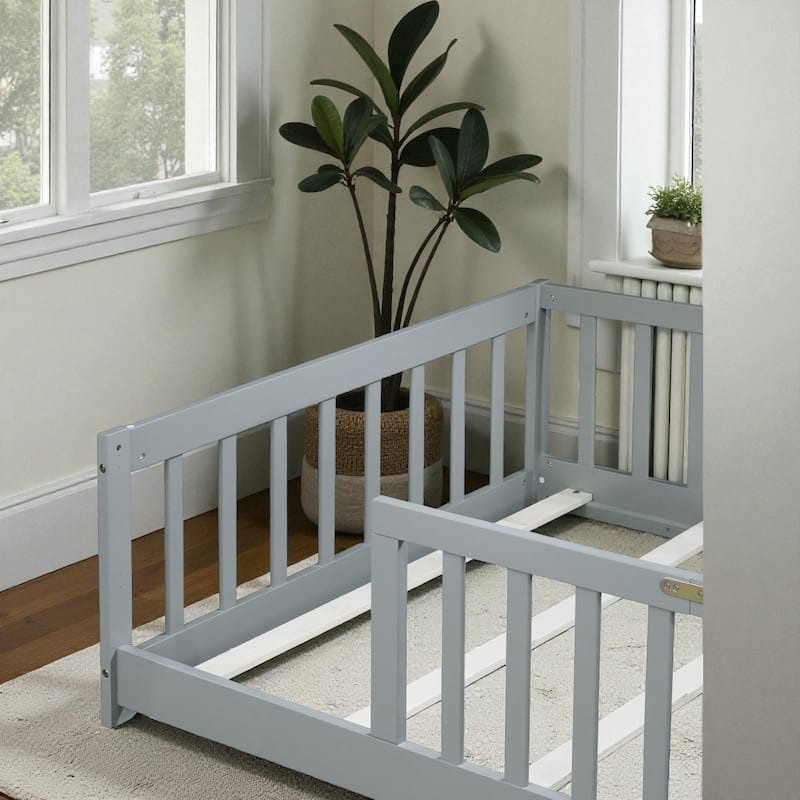 Twin Size Wooden Floor Bed with Fence, Solid Rubber Wood Montessori Bed Frame with Safety Guardrails for Kids