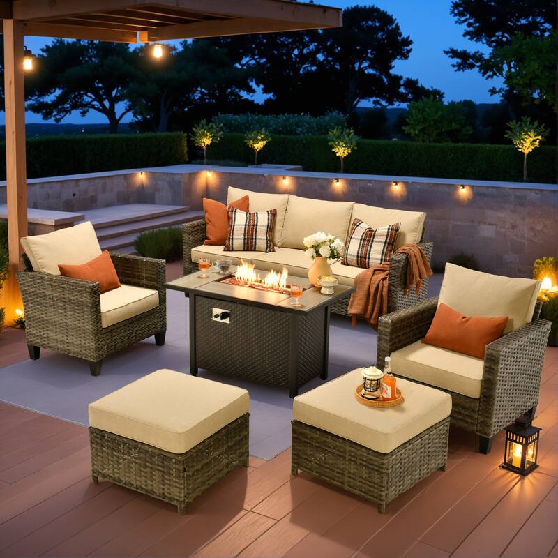 OVIOS 6-piece Patio Wicker Conversation Furniture Set With Fire Pit - Beige