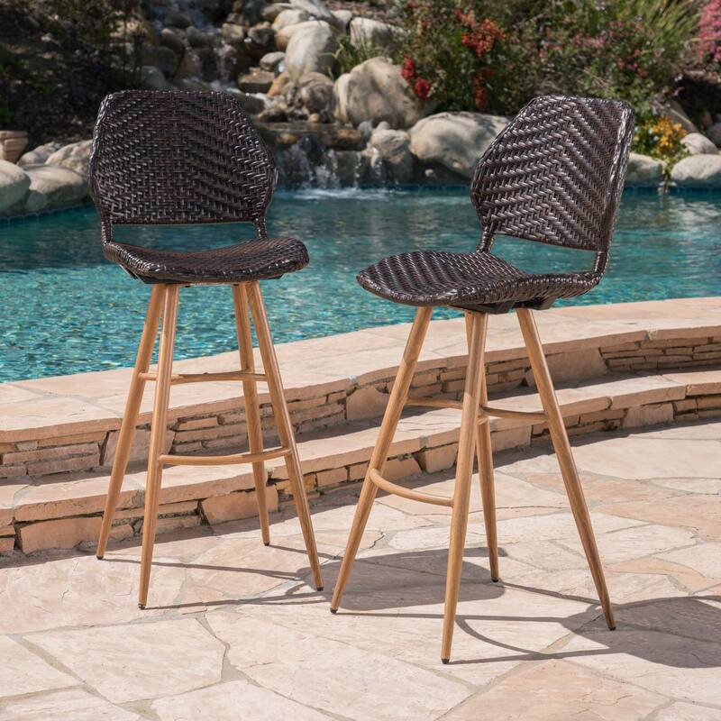 Roomfitters 2-Piece Outdoor Wicker Bar Stools, Modern Rattan Patio High Dining Chairs with Metal Legs and Footrest, Brown - Brown