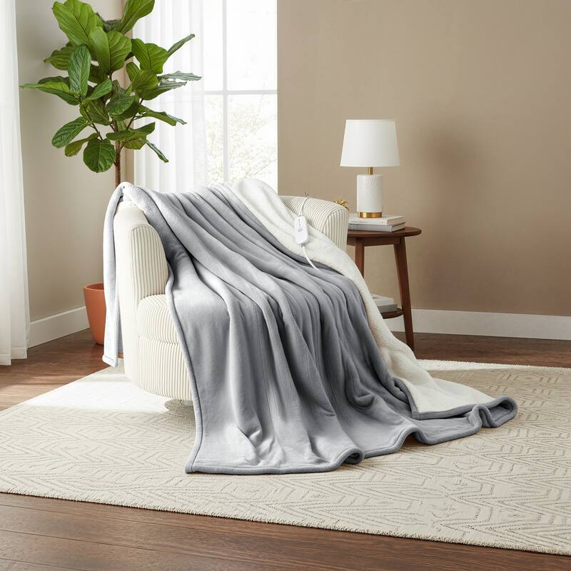 Reversible Flannel and Sherpa Electric Heated Blanket with Adjustable Heat and Auto Shut-Off - Light Grey-Twin - Twin