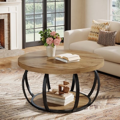 Round Coffee Table with 2-Tier Storage Shelves and Metal Frame