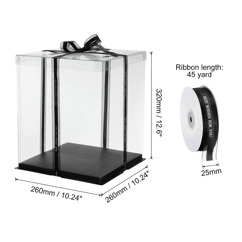 Clear Cake Box with Ribbon, 6Pcs 7"x7"x5" for 4 Inch Cake Packing - Black - 10"x10"x13"