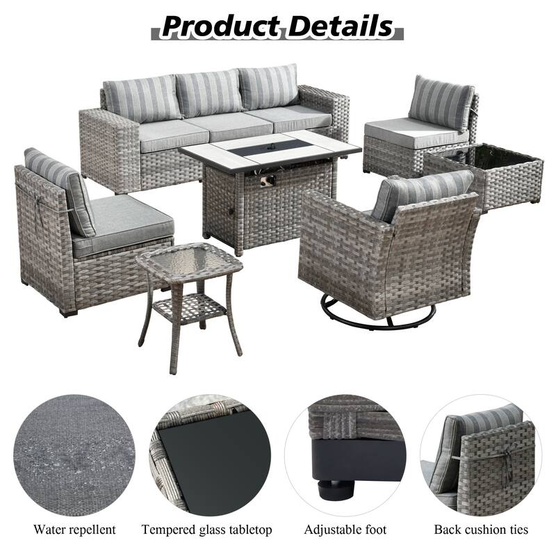 HOOOWOOO 9-piece Wicker Outdoor Modular Wide Armrest Sectional Set Fire Pit Set