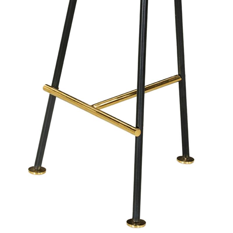 Elira 24 Inch Backless Counter Barstool with Round Mango Wood Seat. Black Iron Legs, Gold Footrest