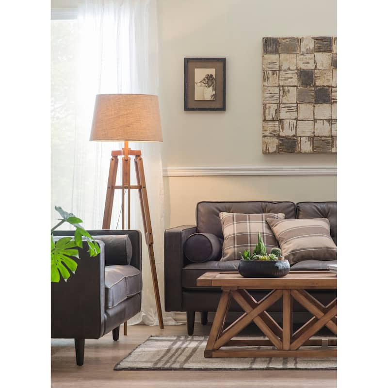 Wood Floor Lamp with Linen Drum Shade