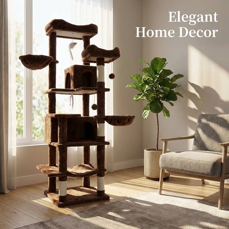 68 in Tall Multi-Level Green Cat Tree with Hammocks, Hanging Basket, Cat Cave, Removeable Cushion, Scratching Posts