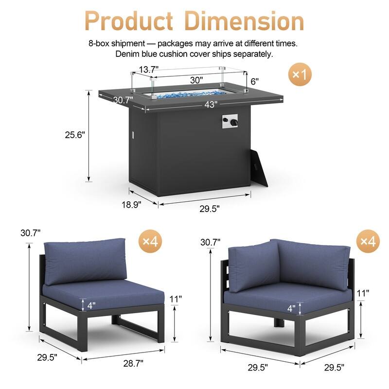 9-Piece Modern Aluminum Outdoor Furniture Set With Fire Pit Table Propane/Gas 60,000 BTU, Extra Large Aluminum Patio Sectional