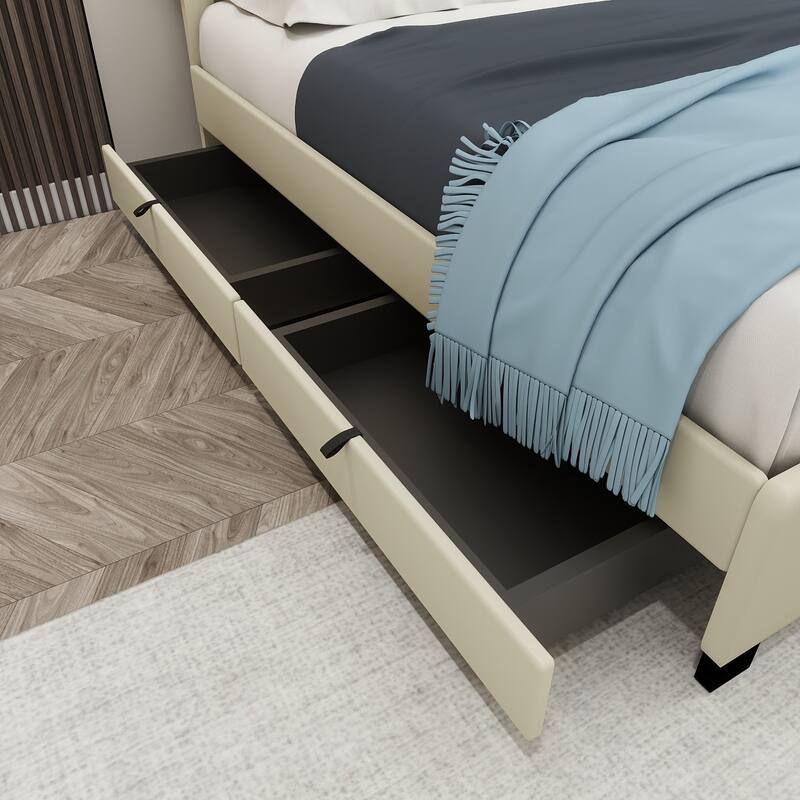 Beige Velvet Queen Bed with Twin Trundle and 2 Storage Drawers
