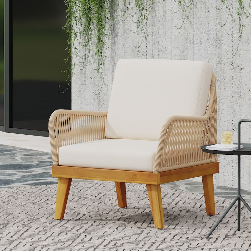 Roomfitters Coastal Woven Rope Accent Chair with Wood Legs and Cream Cushions