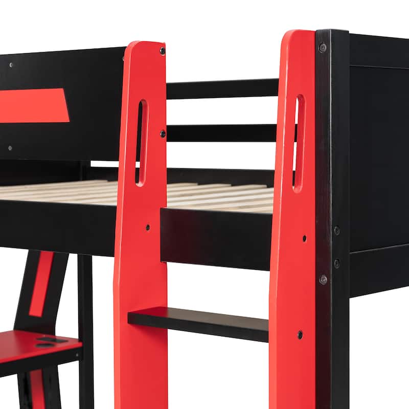 Esports Loft Bed Full Over Full Bunk Bed Frame with Side Mounted Desk, Light Strip, Charging Station and Cable Grommet