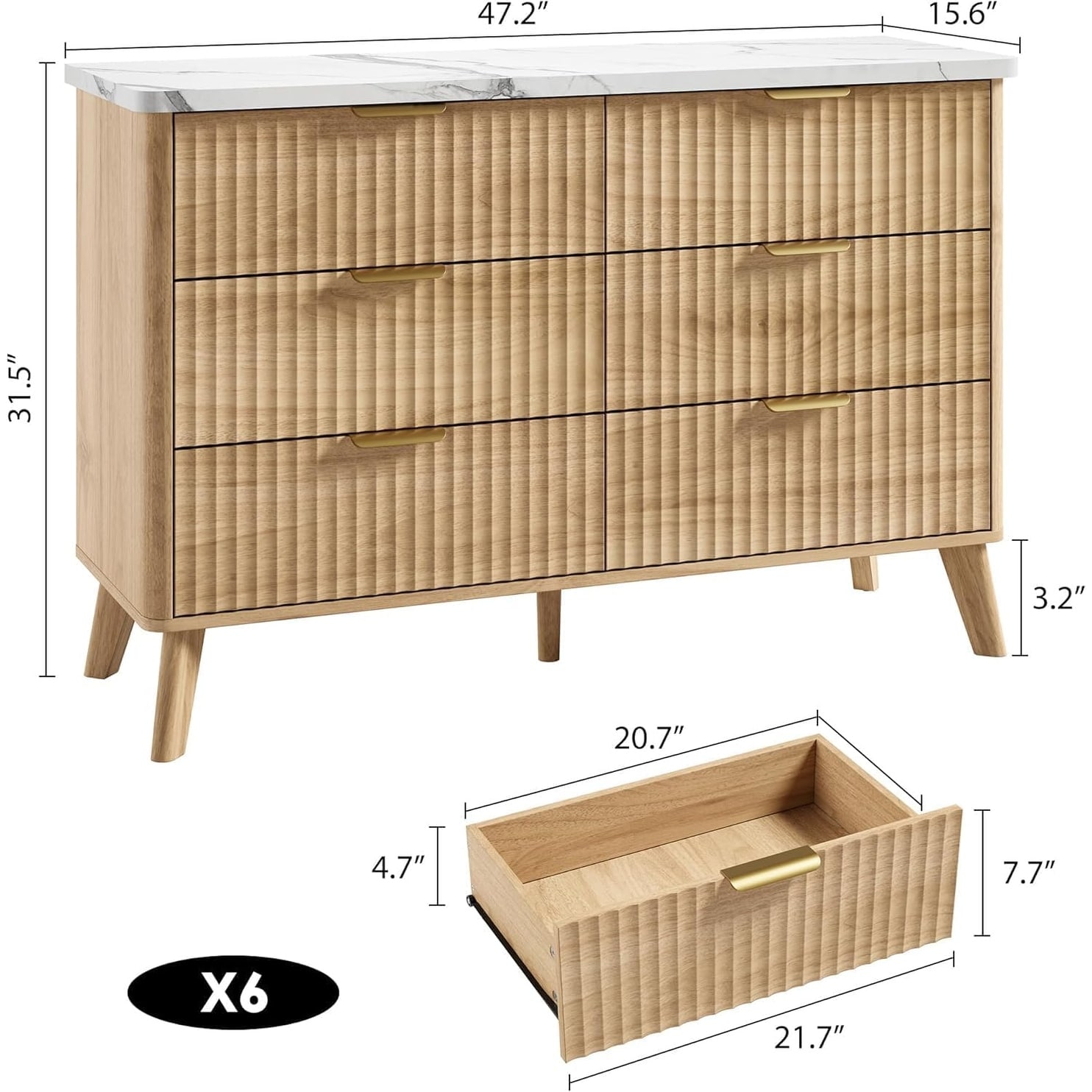 Fluted Wide Modern Chest with Deep Drawers, Wooden Dresser TV Stand Curved for Living Room Kids Room Hallway