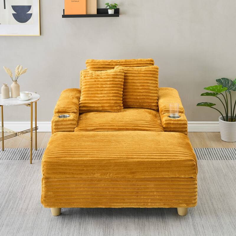 Corduroy Accent Chair & Storage Ottoman Set of 2, Single Sofa Armchair Lounge Chair with Pillows & Cup Holders