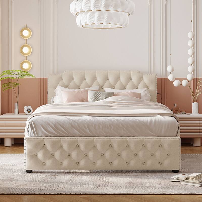 Queen Size Upholstered Platform Bed with 2 Drawers and 2 sets of USB Ports on each side, Linen Fabric