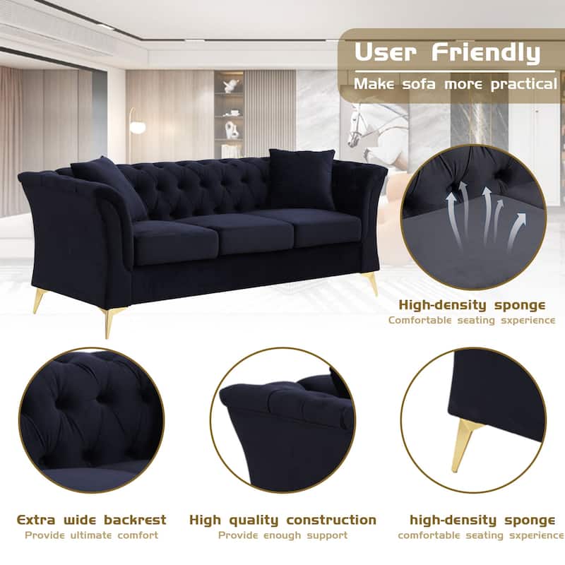 Mid-century Velvet Fabric Tufted Chesterfield 3-Seater Sofa