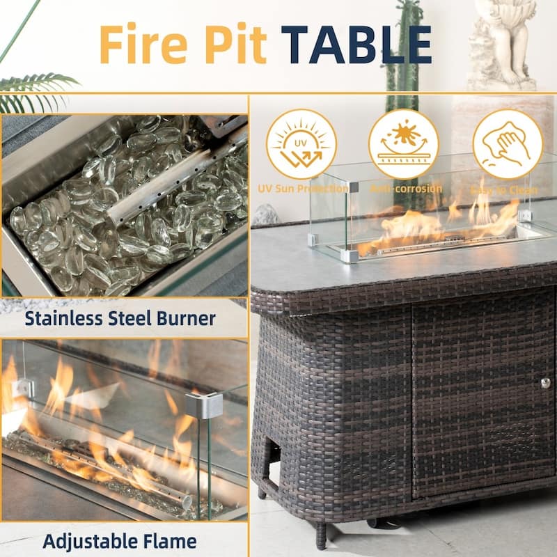 Modern 5-piece Aluminum Outdoor Hand-woven PE Rattan Dining Set with Adjustable Fire Pit Table