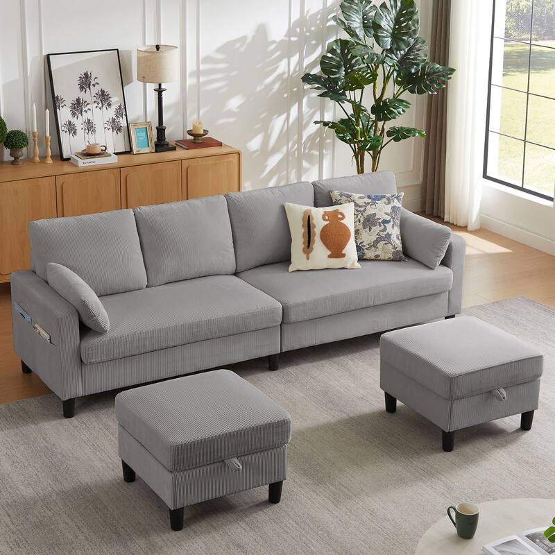 101" Corduroy U Shaped Sectional Sofa with Storage Ottoman