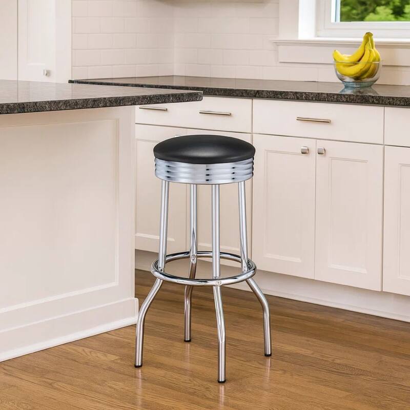 30 Inch Round Bar Stool, Set of 2, Ribbed Apron Base, Chrome, Black