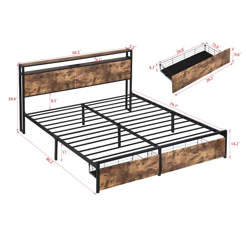 HeavyDuty Metal Platform Bed Frame with 2 Drawer & Charging Station