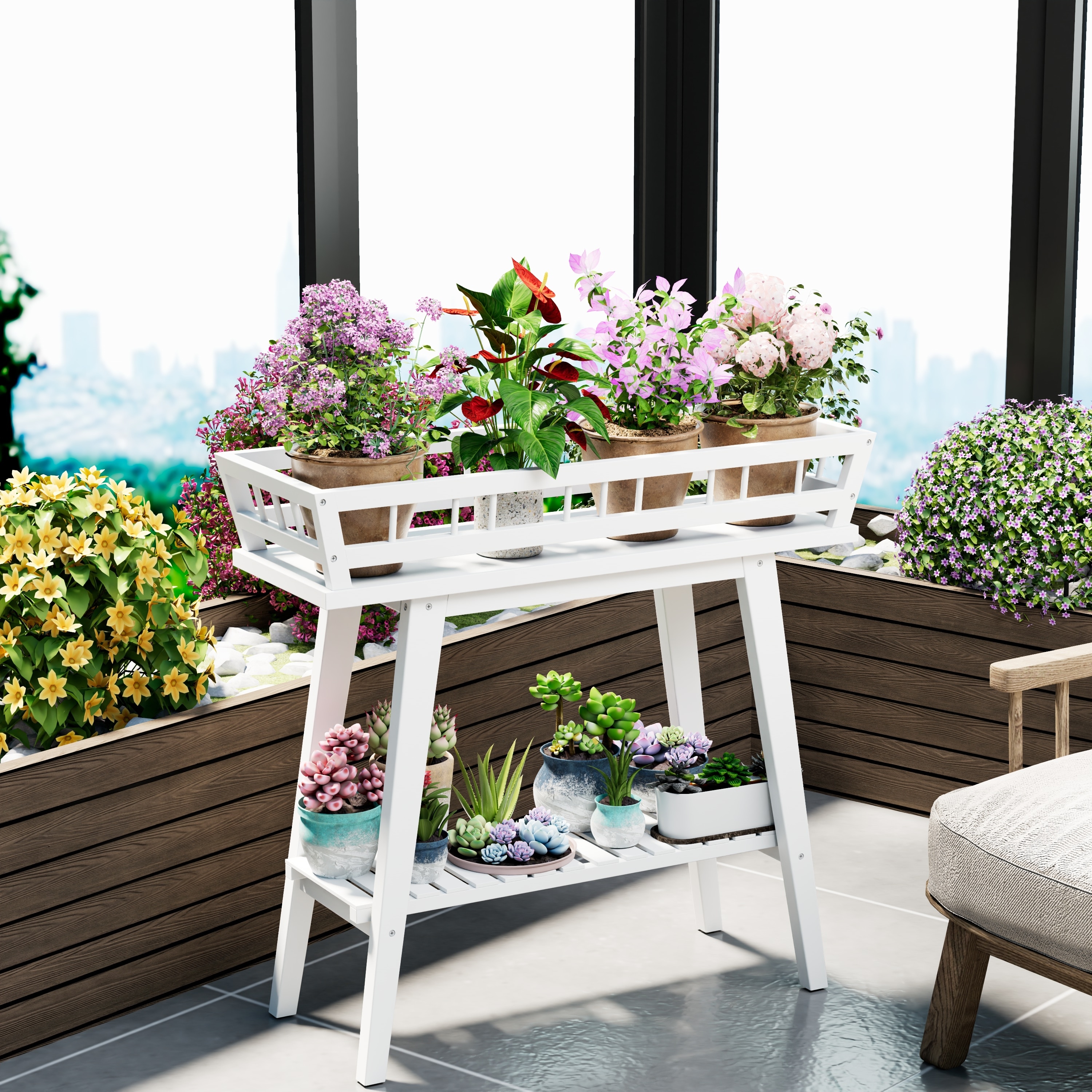 Wooden Rectangular Raised Garden Plant Stand White Modern 2 Tier - 29x10x27 inch