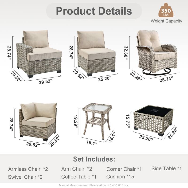 OVIOS 9 Pieces Swivel Chair Set Wide Arm T shaped Seat With Solar-Powered Coffee Table