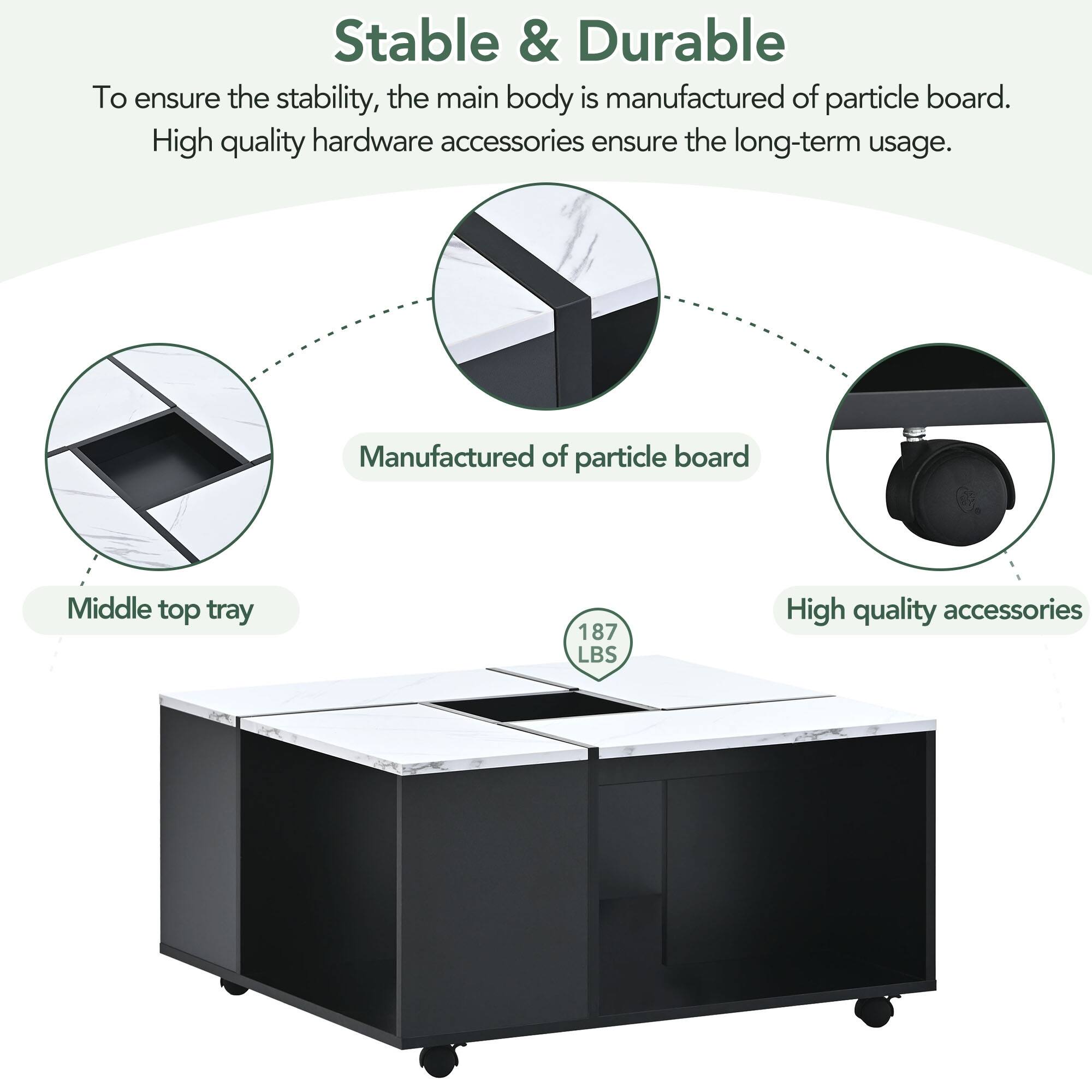 Modern 2Layer Coffee Table with Casters, Square Cocktail Table with Removable Tray, UV High