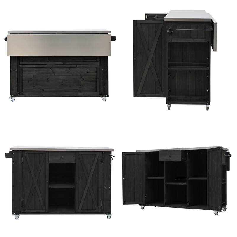 Outdoor Wood Kitchen Island w/ Stainless Steel Top,Towel,Bottle Opener