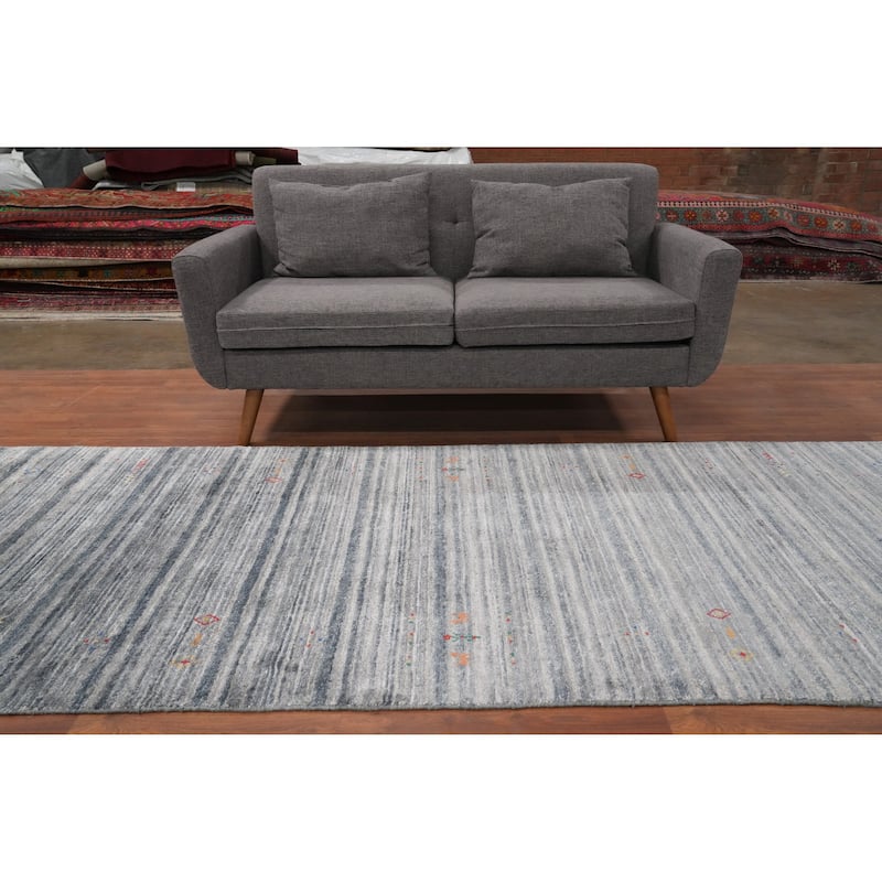 Hand Knotted Oriental Viscose Silk Carpet Tribal Animal Pictorial Greys & Charcoal Gabbeh Runner Rug - 11' 7'' X 4' 0''