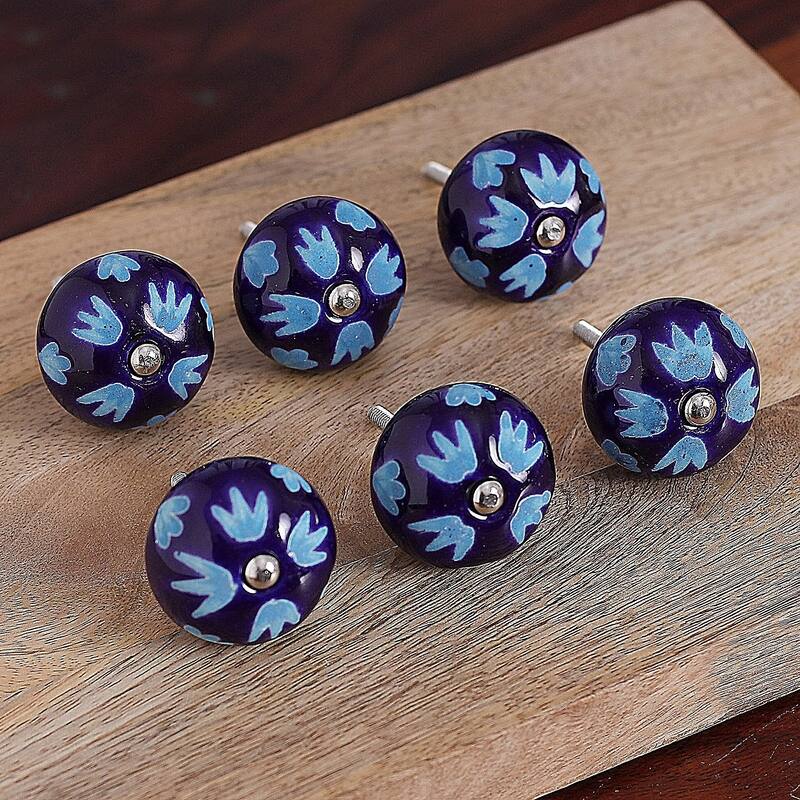 Novica Handmade Midnight Foliage Ceramic Knobs (Set Of 6)