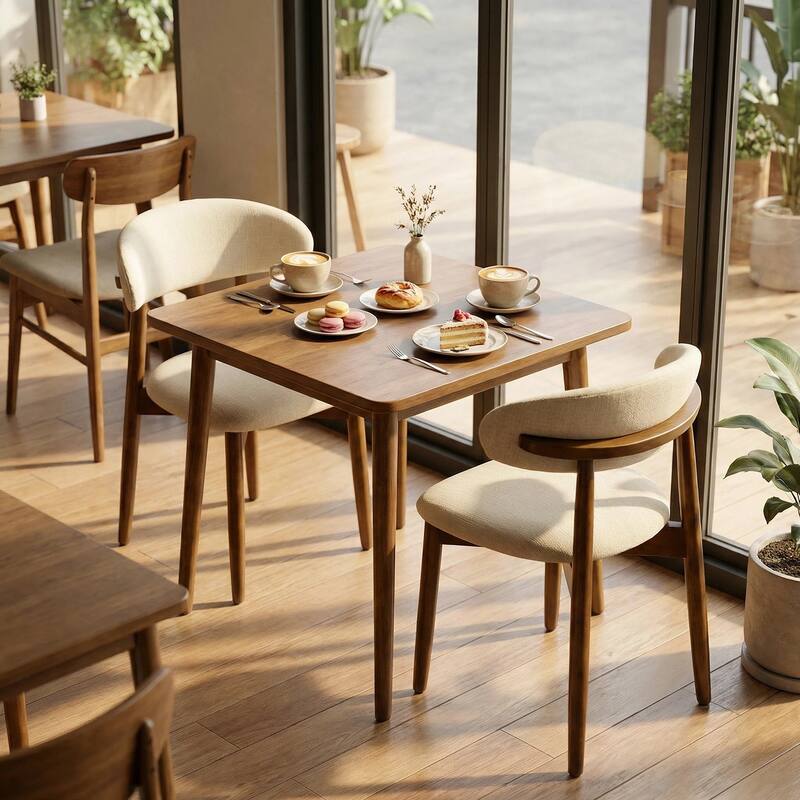 Wooden Dining Chairs Set of 2, Modern Fabric Upholstered Dining Room Chair with Curved Back, with Adjustable Foot Pads