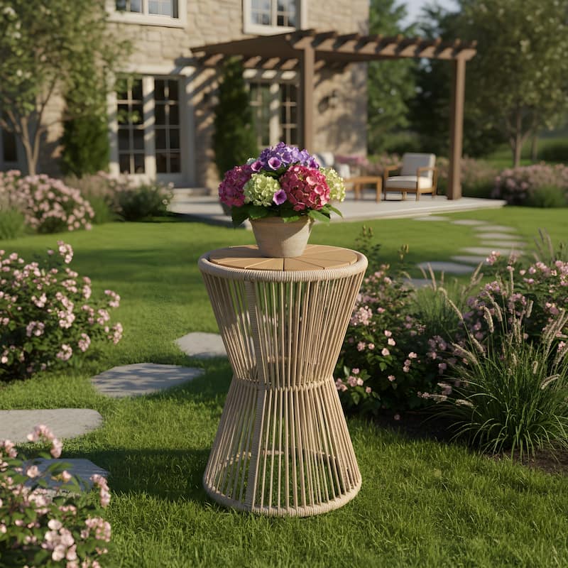 Roomfitters 25.8" Outdoor Side Table Modern Woven Rope Hourglass Patio Accent Table with Teak Wood Finish Top