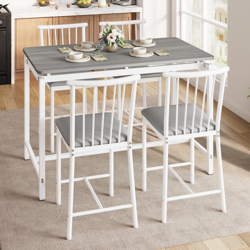5-Piece Rectangular Dining Table Set with 4 Upholstered Chairs - White/Grey