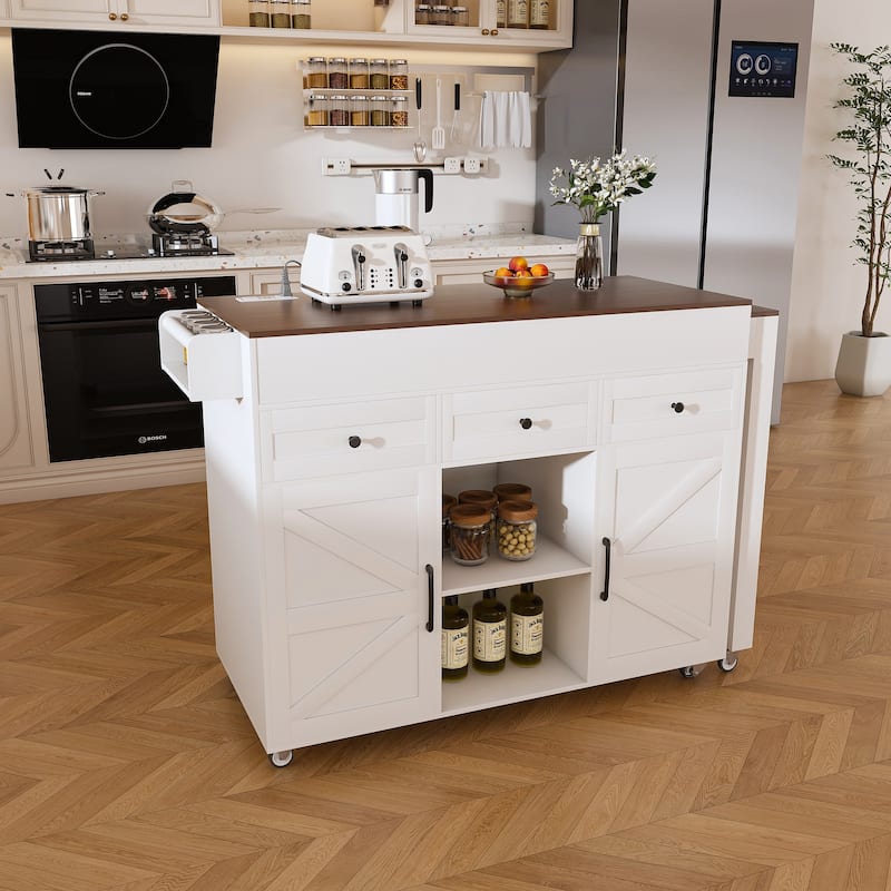 74.8"Kitchen Island with Extendable Dining Table & Power Outlet-Rolling Storage Cart on Wheels with 3 Drawers & 2 Door Cabinet