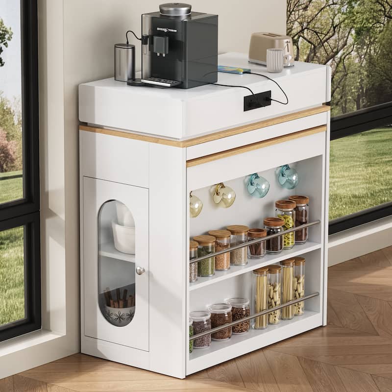 Extendable Dining Table with Folding Tabletop, Bar Table with Drawers and Power Outlet, Kitchen Island with Wheels and Hooks