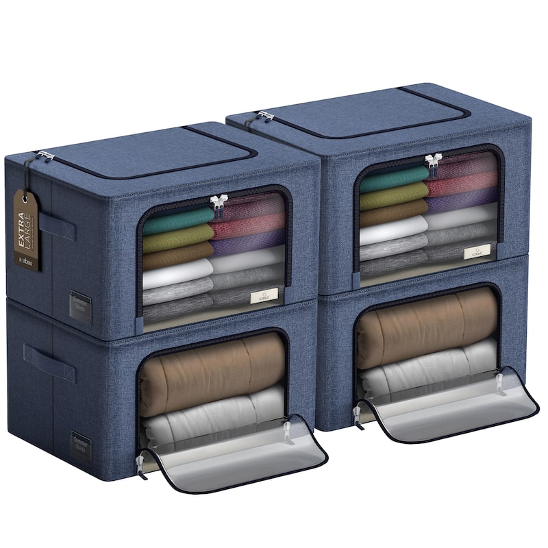 Sorbus Jumbo Storage Bins with Metal Frame Stackable Foldable Clothes Organizer Bags Oxford Fabric & Clear Window & Handles- 4Pk - Blue