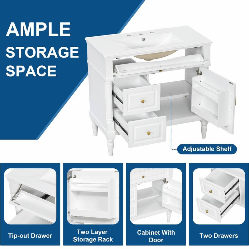 36" Bathroom Vanity with Sink, Freestanding Bathroom Cabinet with Ceramic Basin, Flip Drawer