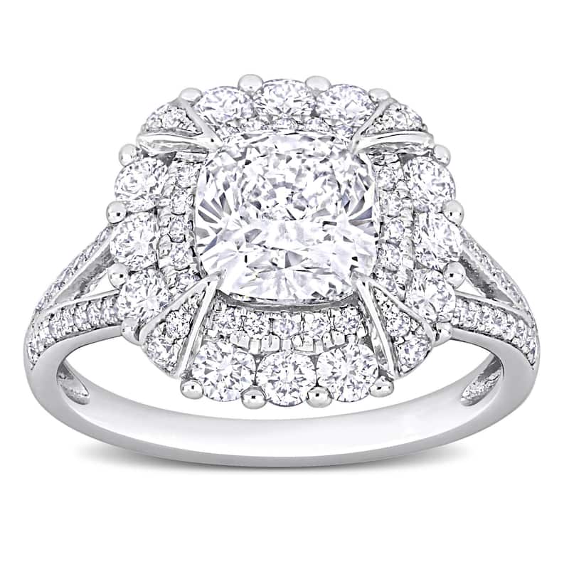 Miadora 3ct TDW Cushion and Round-Cut Diamond Cluster Halo Splitshank Ring in 14k White Gold