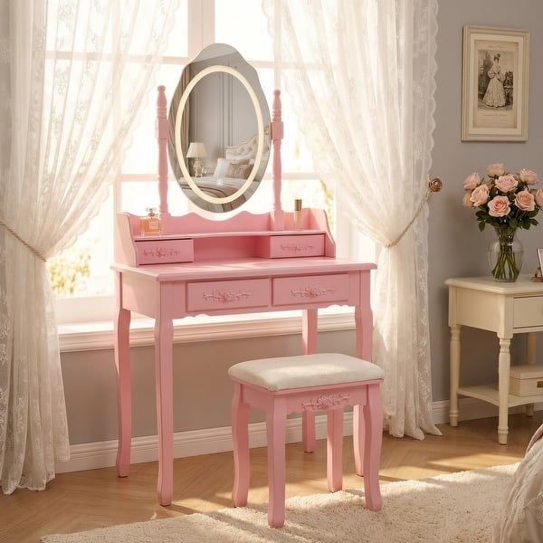 slide 2 of 5, Pink Princess Vanity Desk Set with Cushioned Stool& Light Modes,4-Drawer Pink
