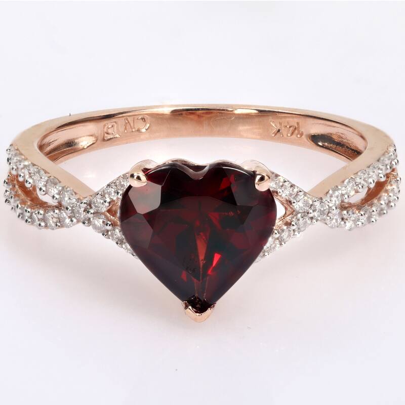 Miadora Heart-cut Garnet and 1/5ct TDW Diamond Crossover Ring in 14k Rose Gold