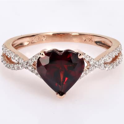 Miadora Heart-cut Garnet and 1/5ct TDW Diamond Crossover Ring in 14k Rose Gold