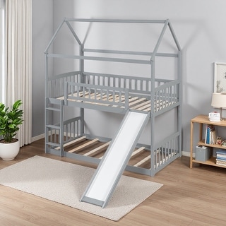 Twin Over Twin Wood Bunk Bed with Slide and House Design - Bed Bath ...