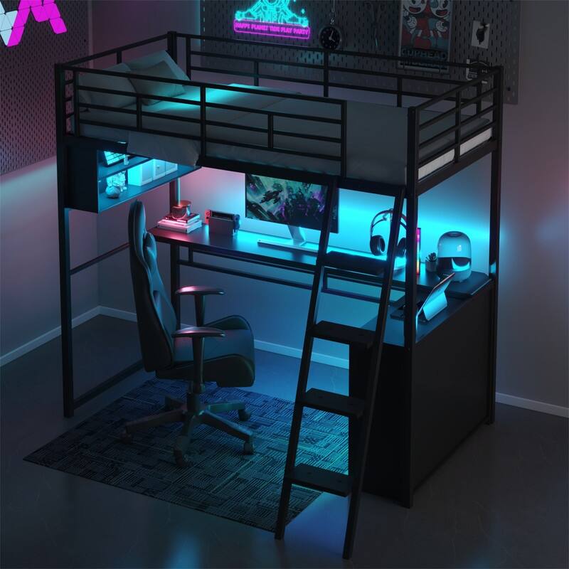 Metal Gaming Loft Bed with LED Light and Bulit-in Desk, Twin/Full Size Loft Bedframe with 4 Storage Shelves and Steps - Twin